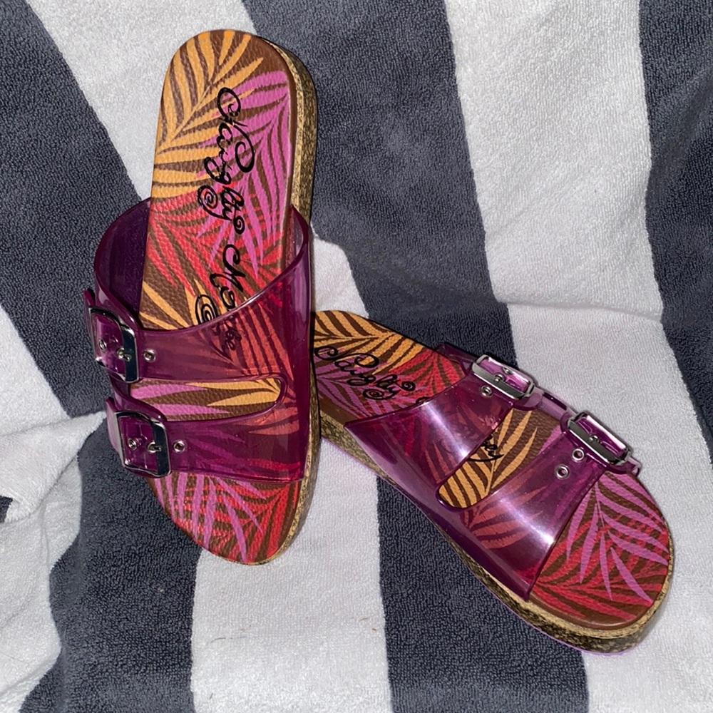 NAUGHTY MONKEY translucent pink buckle sandals cork sole exc 8.5 / 9 womens